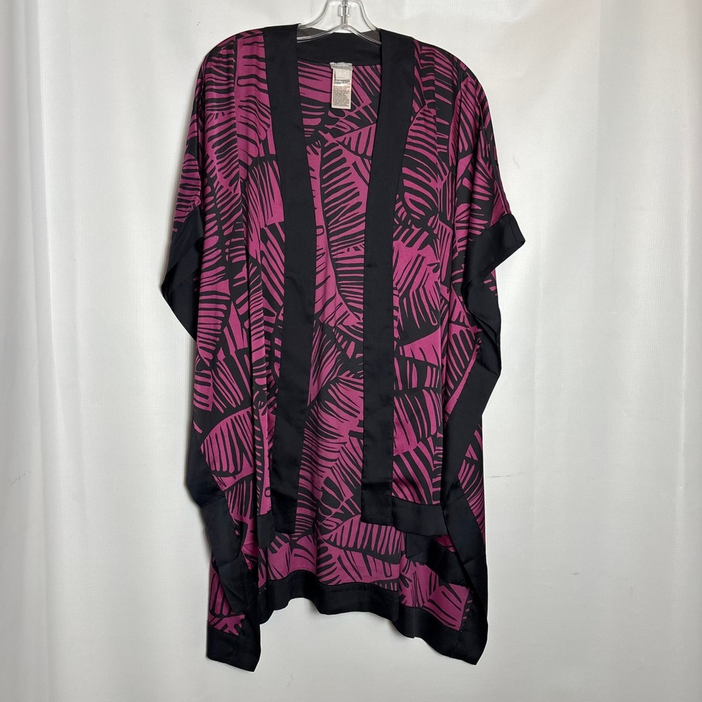 Chicos Travelers Kimono Wrap Magenta Purple Navy‎ Tropical Leaf S/M Lagenlook